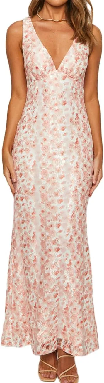 Elegant Lace Floral V Neck Backless Bodycon Dresses for Women Sexy Cut Out Low Back Sleeveless Maxi Dress Wedding Guest