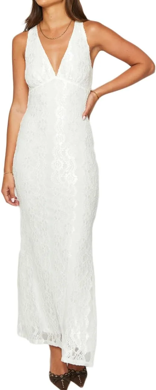 Elegant Lace Floral V Neck Backless Bodycon Dresses for Women Sexy Cut Out Low Back Sleeveless Maxi Dress Wedding Guest