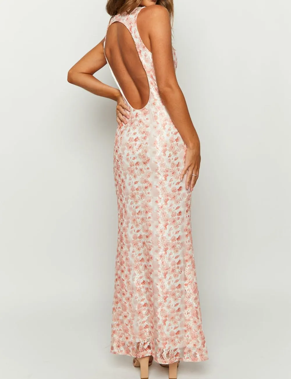 Elegant Lace Floral V Neck Backless Bodycon Dresses for Women Sexy Cut Out Low Back Sleeveless Maxi Dress Wedding Guest