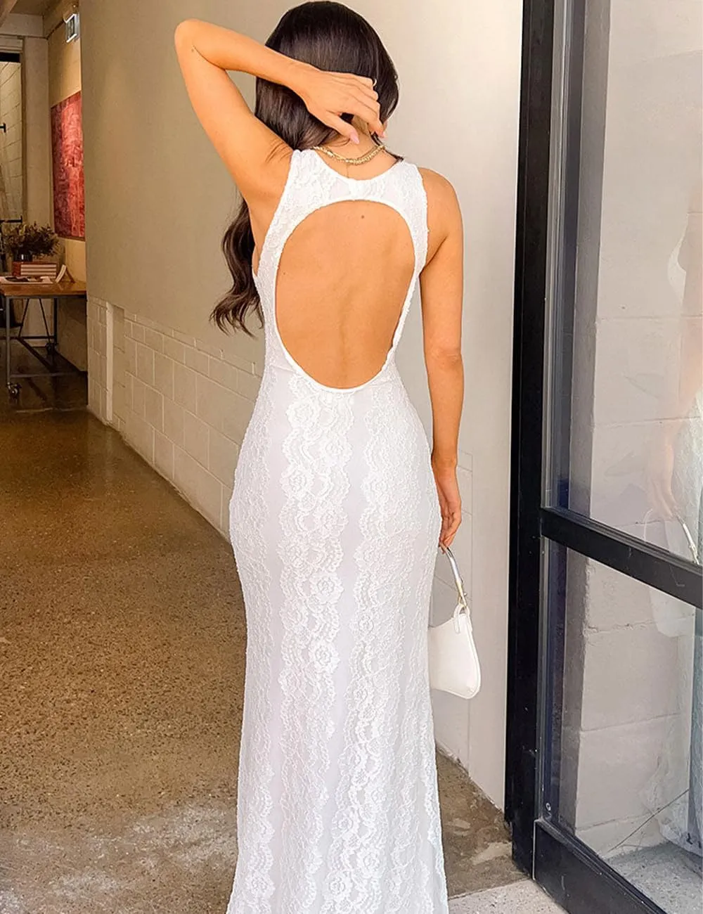 Elegant Lace Floral V Neck Backless Bodycon Dresses for Women Sexy Cut Out Low Back Sleeveless Maxi Dress Wedding Guest