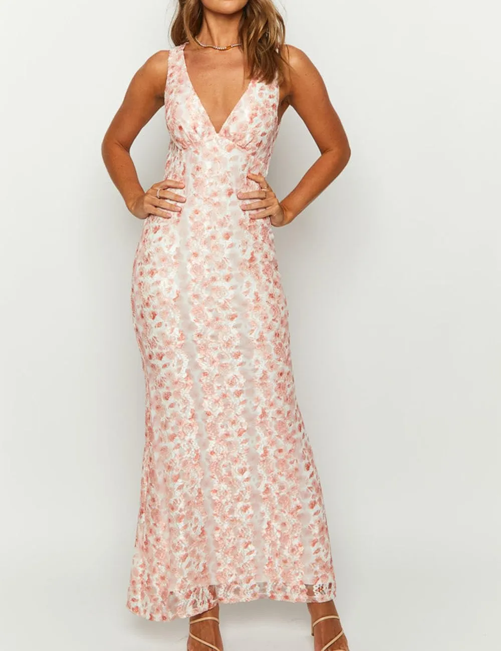 Elegant Lace Floral V Neck Backless Bodycon Dresses for Women Sexy Cut Out Low Back Sleeveless Maxi Dress Wedding Guest