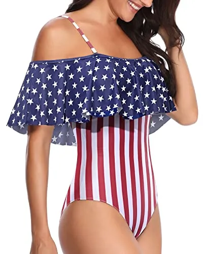 Elegant Ruffle Off Shoulder One Piece Bathing Suit-Flag