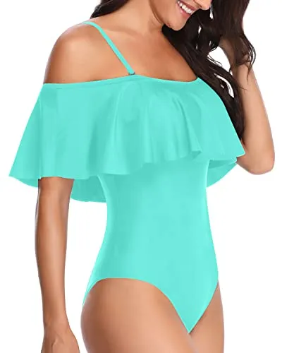 Elegant Vintage Ruffled One Piece Bathing Suit-Aqua