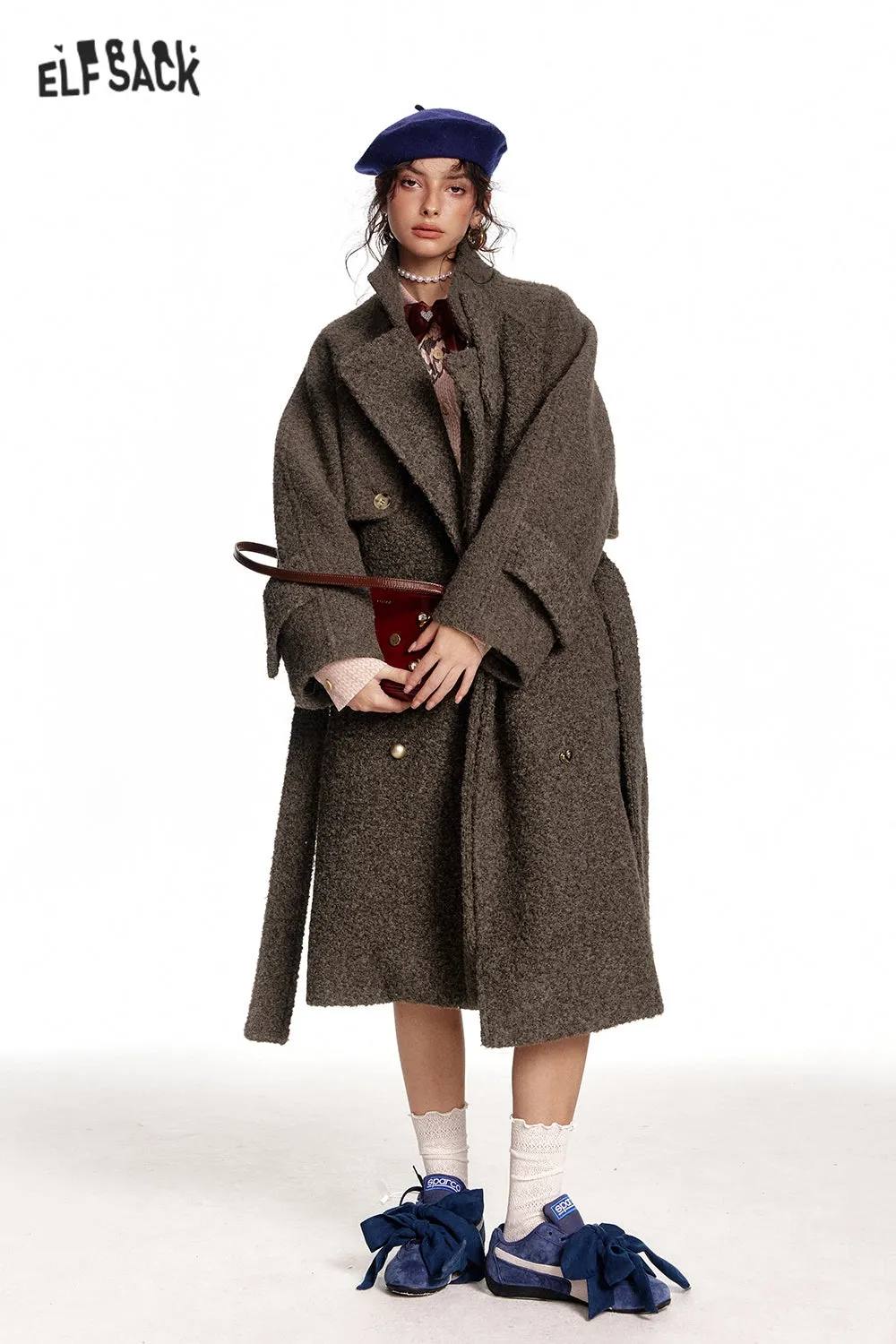 ELFSACK 2024 Winter New Arrivals Long Thick Coat for Women with Belt and Raglan Sleeves