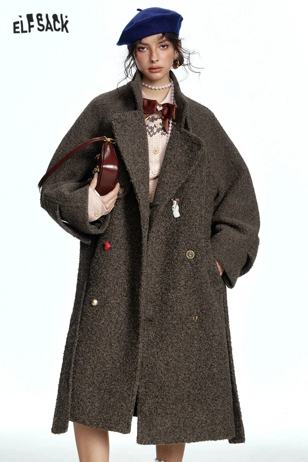 ELFSACK 2024 Winter New Arrivals Long Thick Coat for Women with Belt and Raglan Sleeves