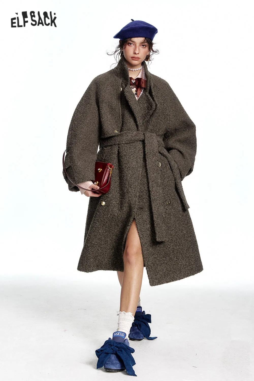 ELFSACK 2024 Winter New Arrivals Long Thick Coat for Women with Belt and Raglan Sleeves