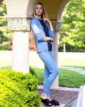 Ellwi Black Lace Trim Blue Cotton Pajamas Set