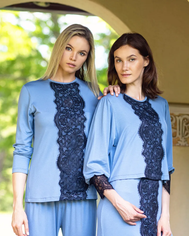 Ellwi Black Lace Trim Blue Cotton Pajamas Set