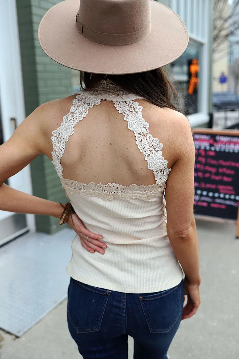 Elyse Lace Trim Halter Tank Top- Ivory