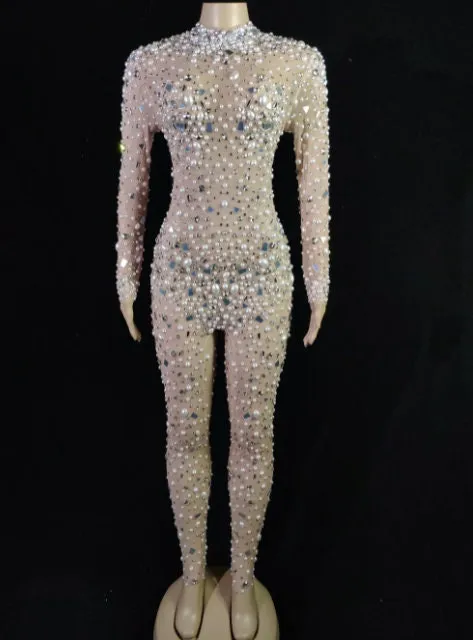 Embellished Catsuit Rhinestones Jumpsuit Crystal Outfits Pearls Bodysuit Shows Costume
