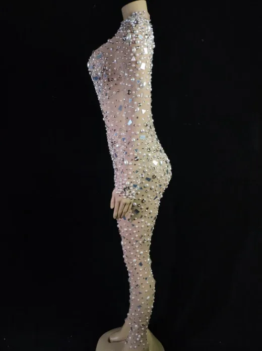 Embellished Catsuit Rhinestones Jumpsuit Crystal Outfits Pearls Bodysuit Shows Costume