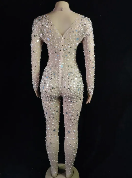 Embellished Catsuit Rhinestones Jumpsuit Crystal Outfits Pearls Bodysuit Shows Costume