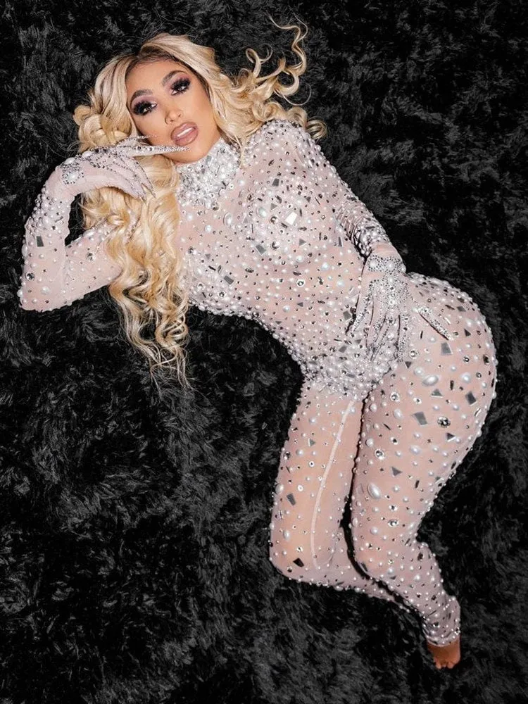 Embellished Catsuit Rhinestones Jumpsuit Crystal Outfits Pearls Bodysuit Shows Costume