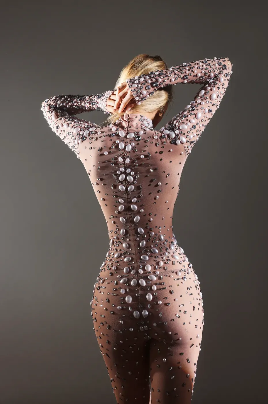 Embellished Catsuit Rhinestones Jumpsuit Crystal Outfits Pearls Bodysuit Shows Costume