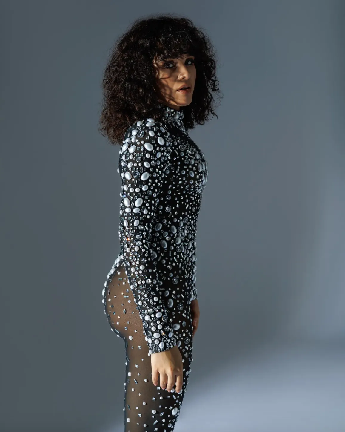 Embellished Catsuit Rhinestones Jumpsuit Crystal Outfits Pearls Bodysuit Shows Costume