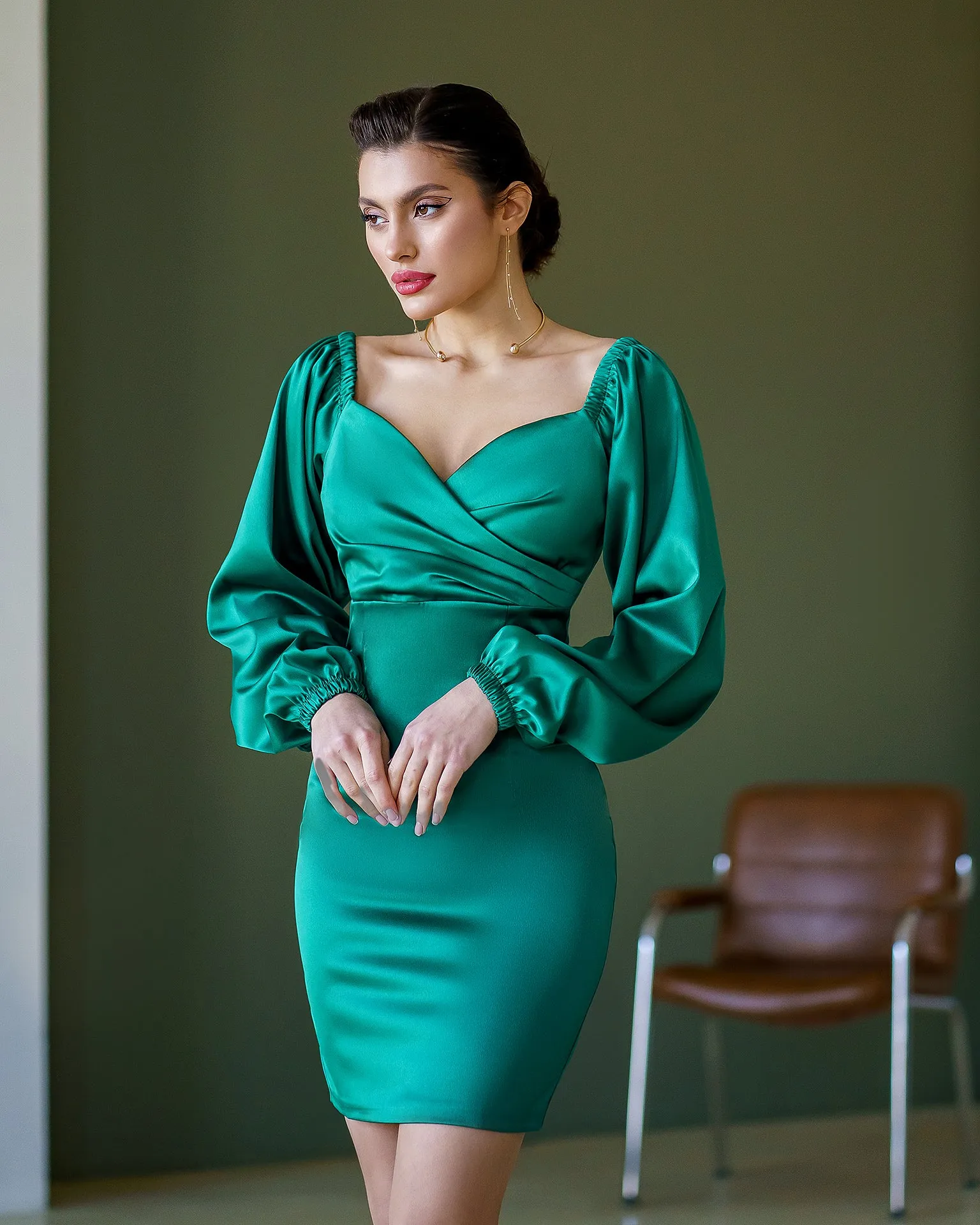 Emerald Satin Puff-Sleeve Mini Dress