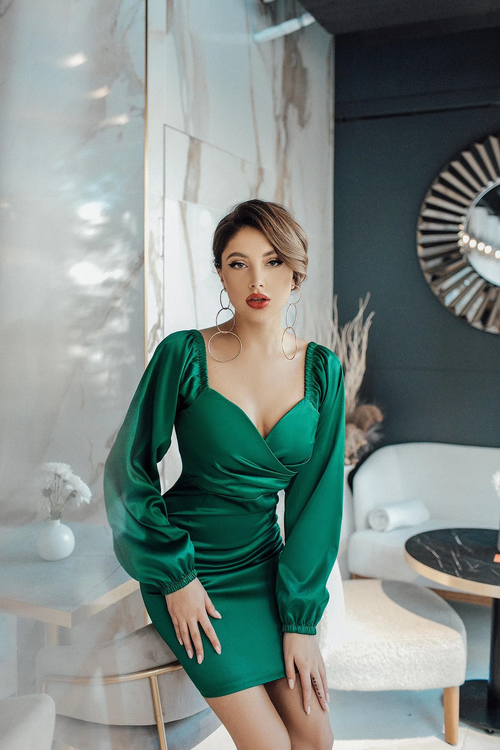 Emerald Satin Puff-Sleeve Mini Dress
