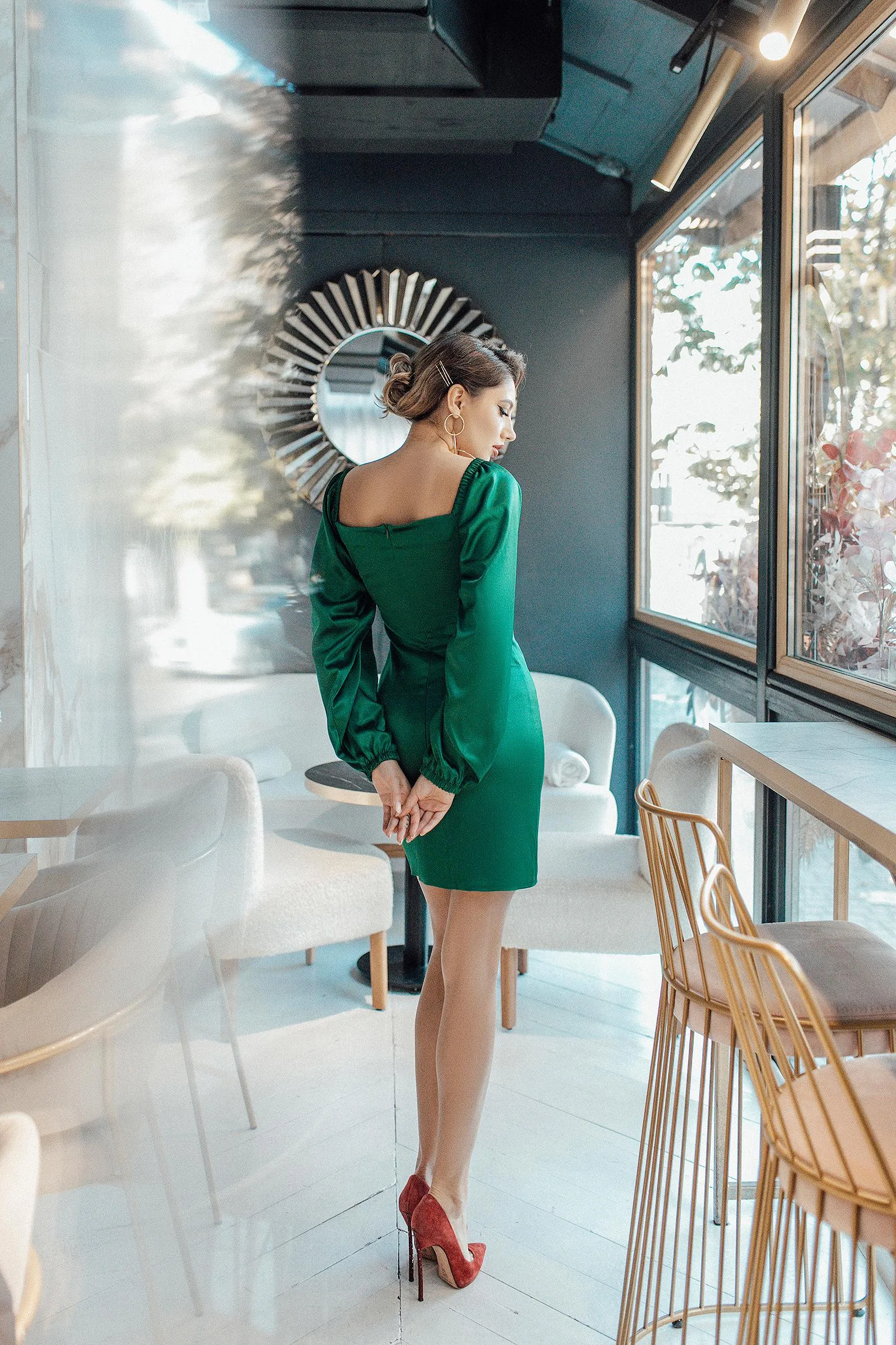 Emerald Satin Puff-Sleeve Mini Dress