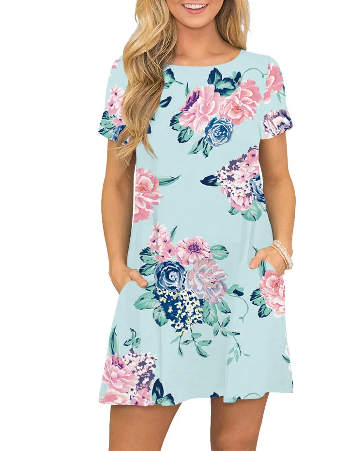 Europe Popular Summer Round-Neck Printed Pocket Short Sleeve Dress Pocket Dress