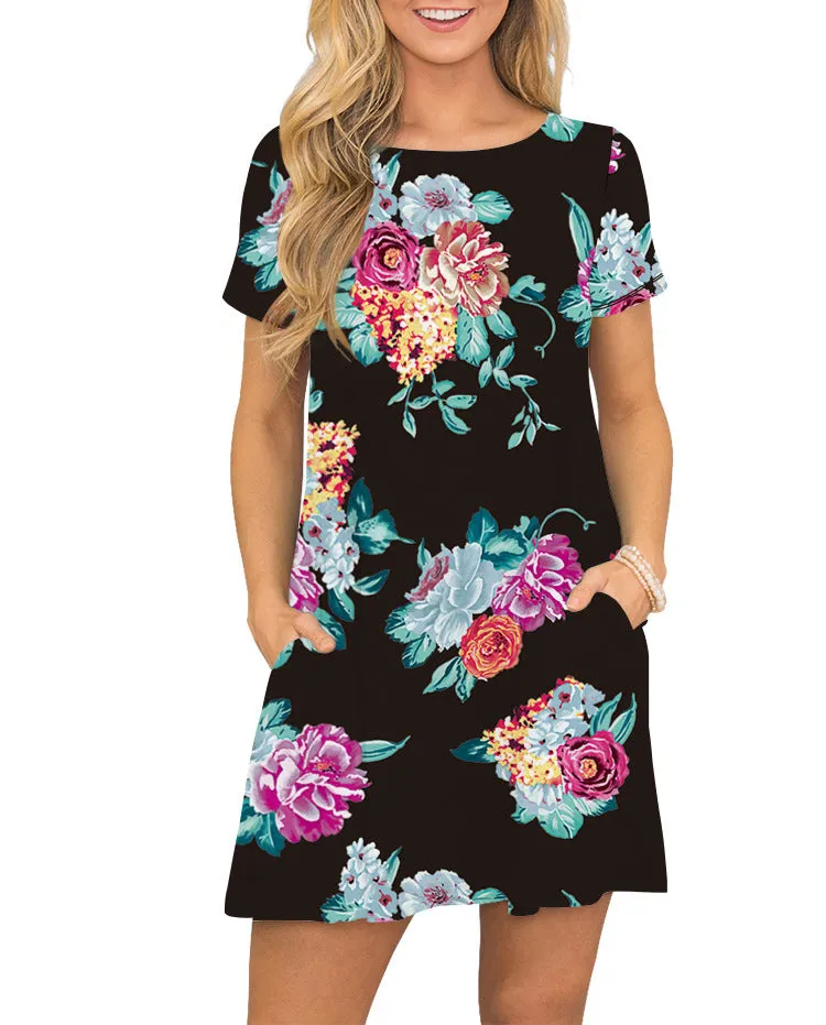 Europe Popular Summer Round-Neck Printed Pocket Short Sleeve Dress Pocket Dress