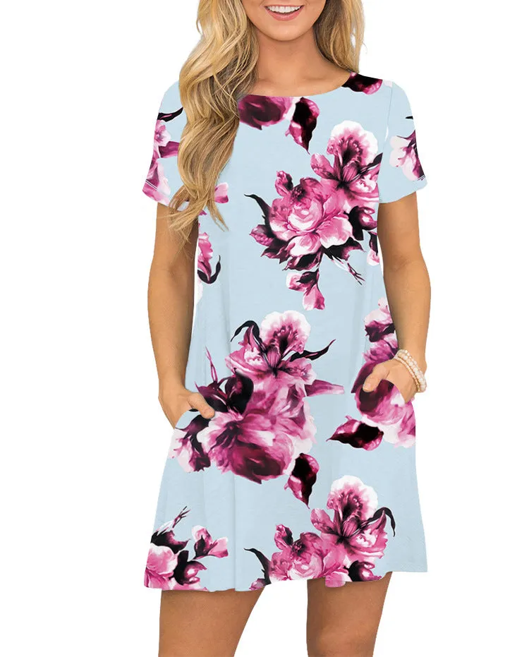 Europe Popular Summer Round-Neck Printed Pocket Short Sleeve Dress Pocket Dress