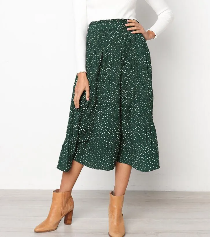 Europe Trendy Printed Poker Dot Pleated Skirt