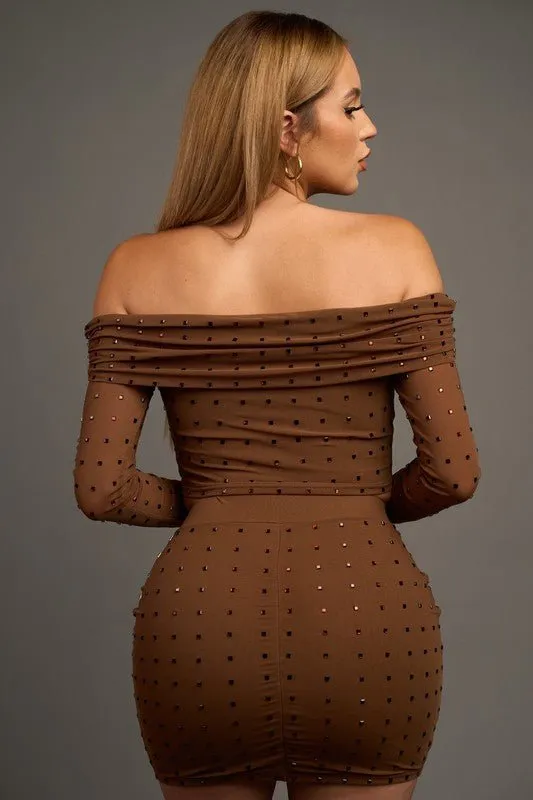 Expresso Luxe Mesh Off Shoulder Top Skirt Set