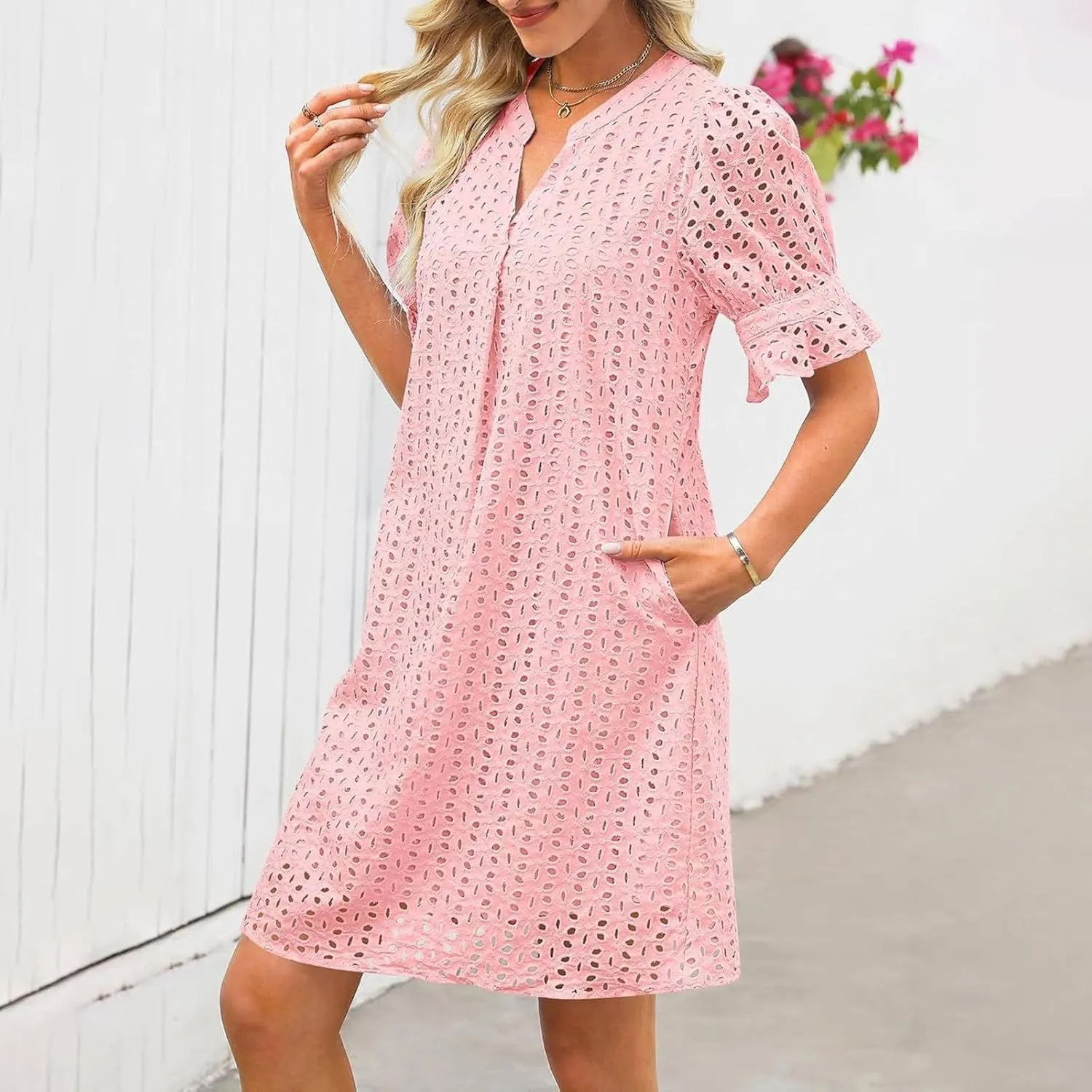 Eyelet Summer Dresses for Women,Hollow Out Cotton Mini Dress Lace Tiered Shift Dress A Line Dresses with Pockets