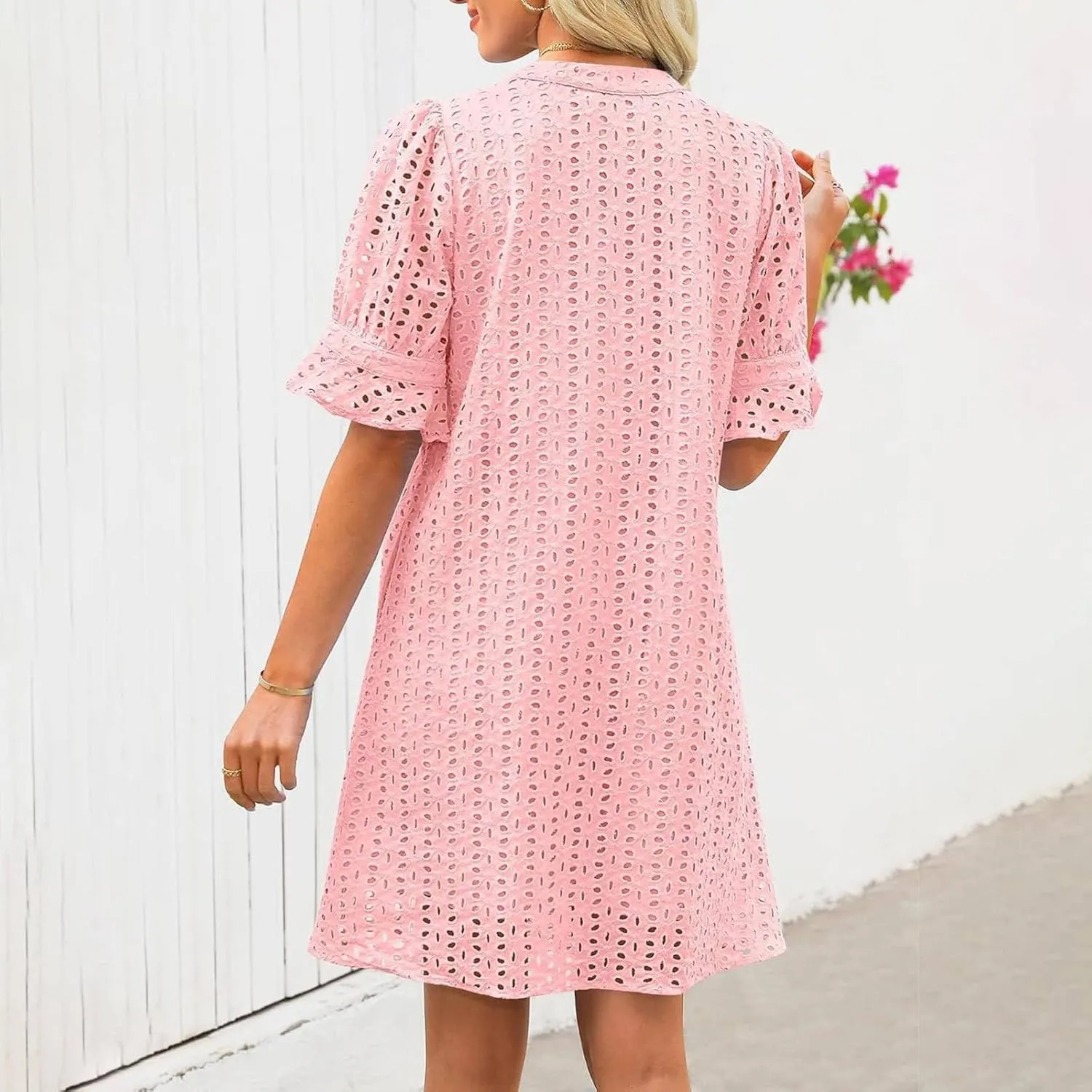 Eyelet Summer Dresses for Women,Hollow Out Cotton Mini Dress Lace Tiered Shift Dress A Line Dresses with Pockets