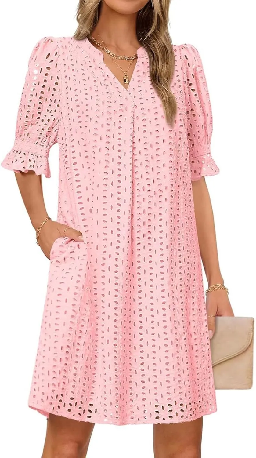 Eyelet Summer Dresses for Women,Hollow Out Cotton Mini Dress Lace Tiered Shift Dress A Line Dresses with Pockets