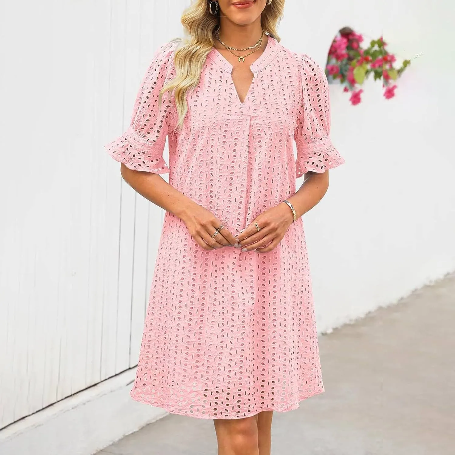 Eyelet Summer Dresses for Women,Hollow Out Cotton Mini Dress Lace Tiered Shift Dress A Line Dresses with Pockets