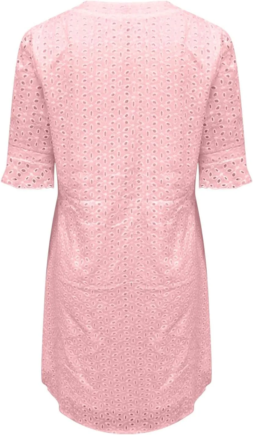 Eyelet Summer Dresses for Women,Hollow Out Cotton Mini Dress Lace Tiered Shift Dress A Line Dresses with Pockets