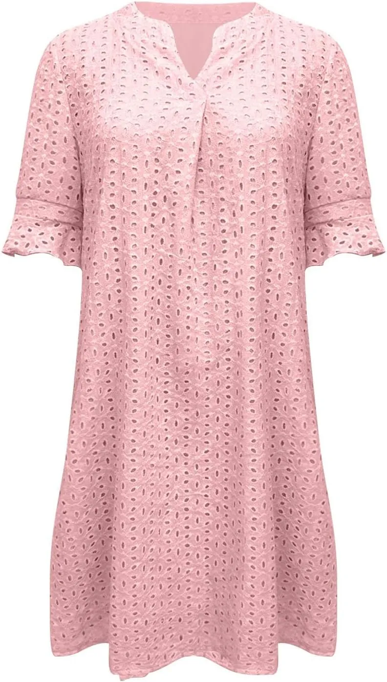 Eyelet Summer Dresses for Women,Hollow Out Cotton Mini Dress Lace Tiered Shift Dress A Line Dresses with Pockets