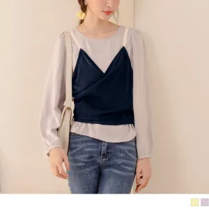 FAKE TWO PIECE ROUND NECK PUFF SLEEVE TOPS