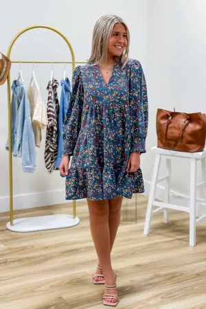 Fall Florals Corduroy Tiered Dress - Dusty Blue