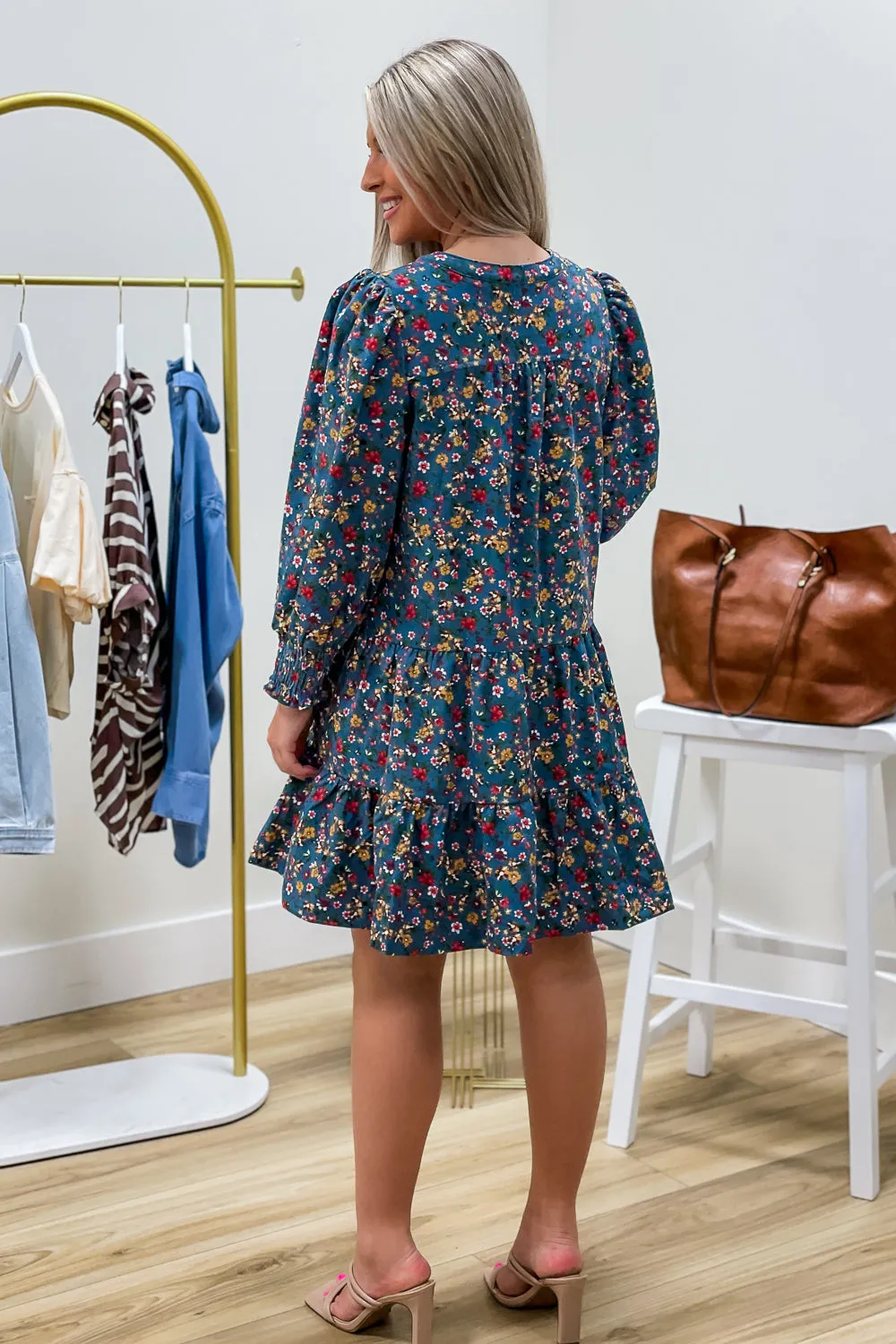 Fall Florals Corduroy Tiered Dress - Dusty Blue