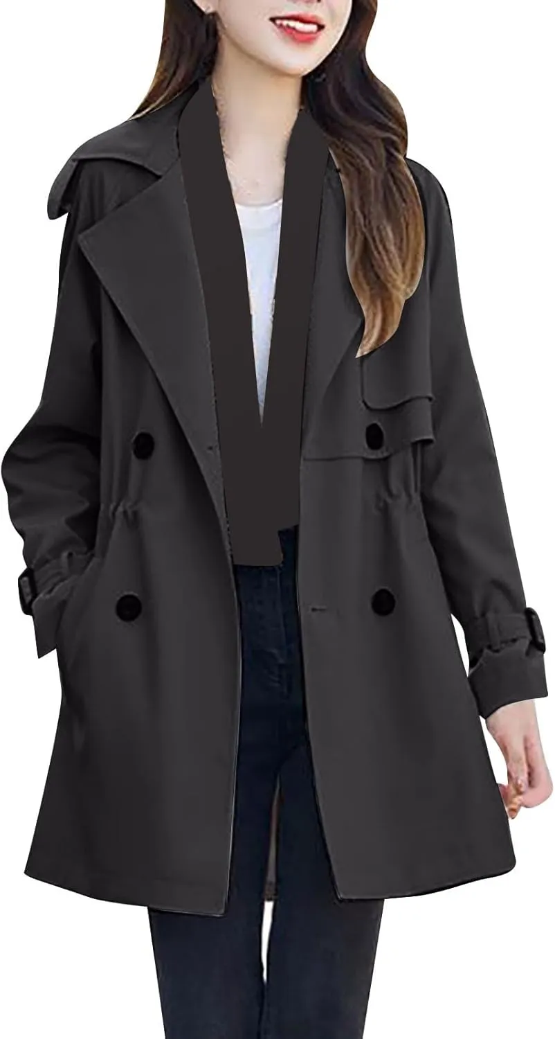 Fall Trench Coat Women Fashion Double Breasted Thin Peacoat Ladies Temperament Notched Lapel Collar Open Front Jacket