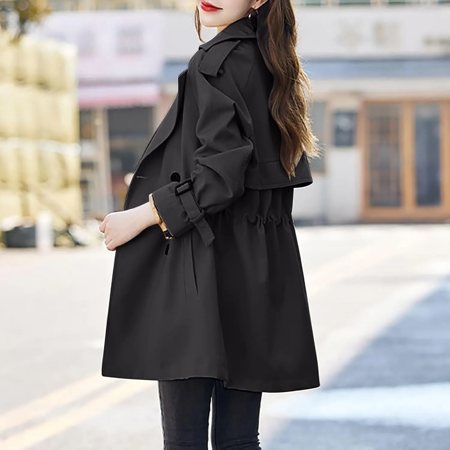 Fall Trench Coat Women Fashion Double Breasted Thin Peacoat Ladies Temperament Notched Lapel Collar Open Front Jacket