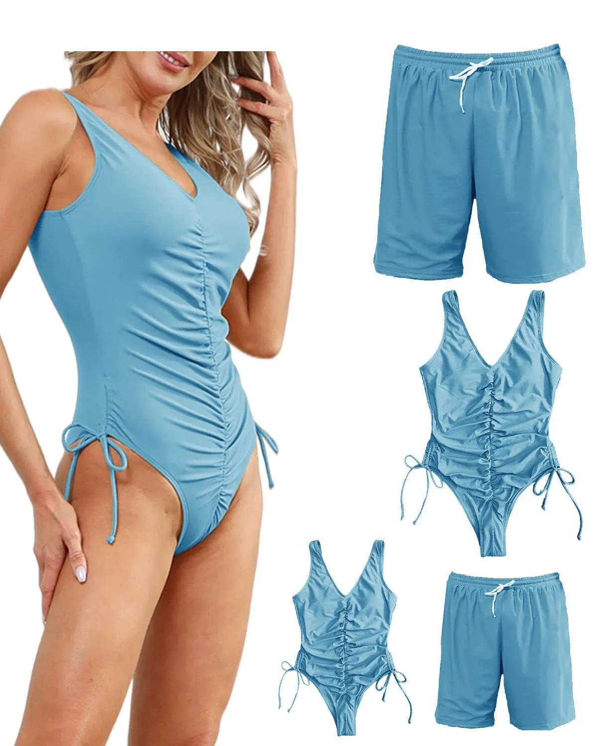 Family Matching One Piece High Waisted Bottom Tankini Set Swimsuits
