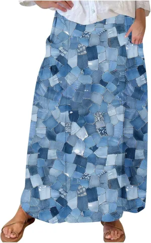 Fashion Skirts for Women Boho Graphic Trendy Beach Skirt Stretchy Pleated Plus Size Loose Western Skirt with Pocket