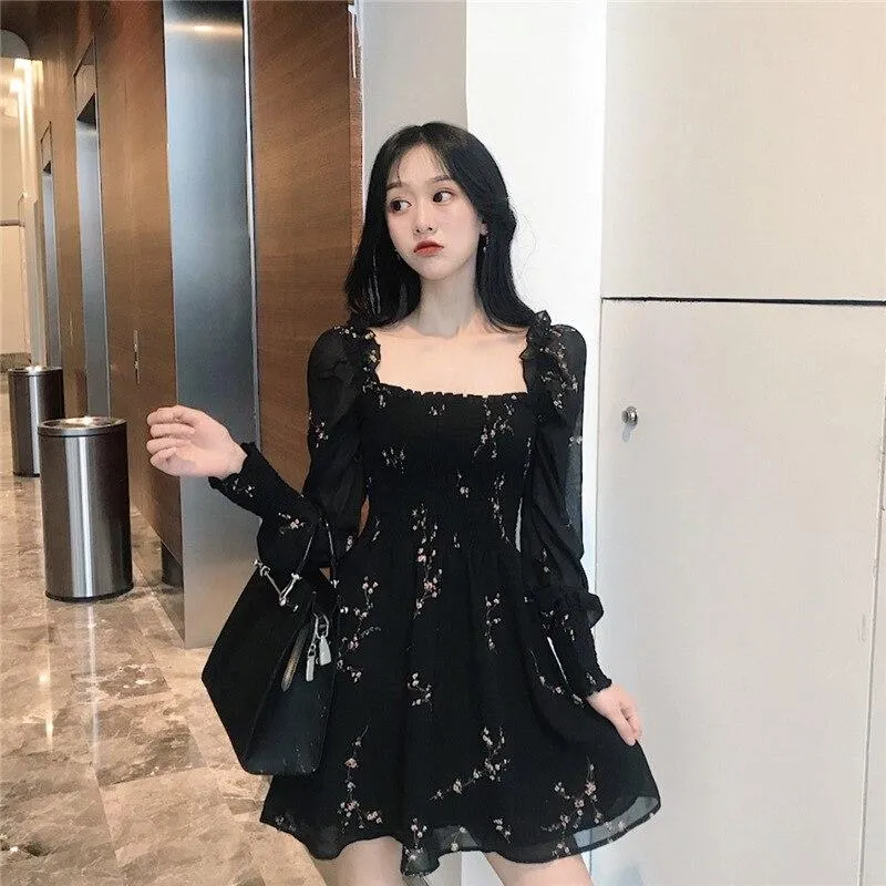 FashionSierra - Black Mini Dresses  Vintage Flower Long Puff Sleeve Chiffon Dresses