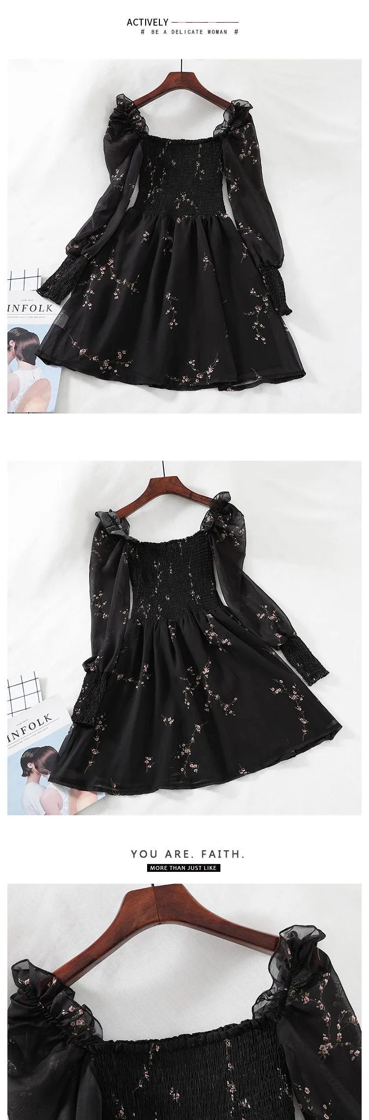 FashionSierra - Black Mini Dresses  Vintage Flower Long Puff Sleeve Chiffon Dresses