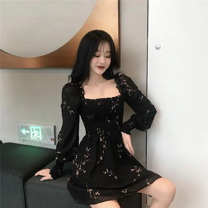 FashionSierra - Black Mini Dresses  Vintage Flower Long Puff Sleeve Chiffon Dresses