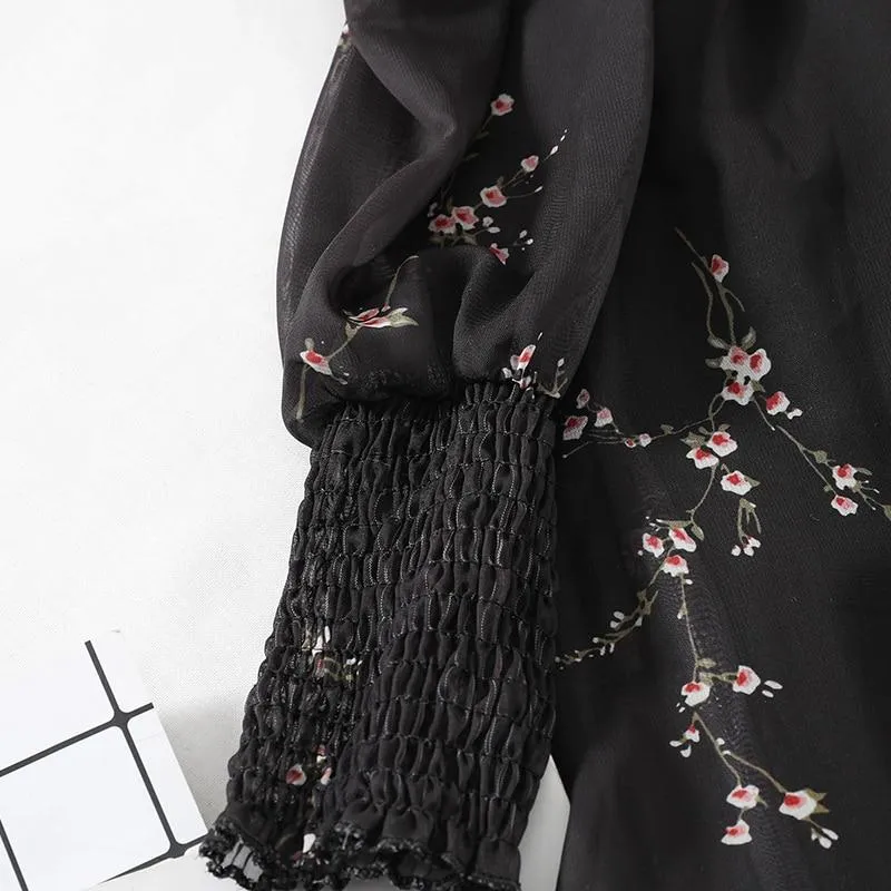 FashionSierra - Black Mini Dresses  Vintage Flower Long Puff Sleeve Chiffon Dresses