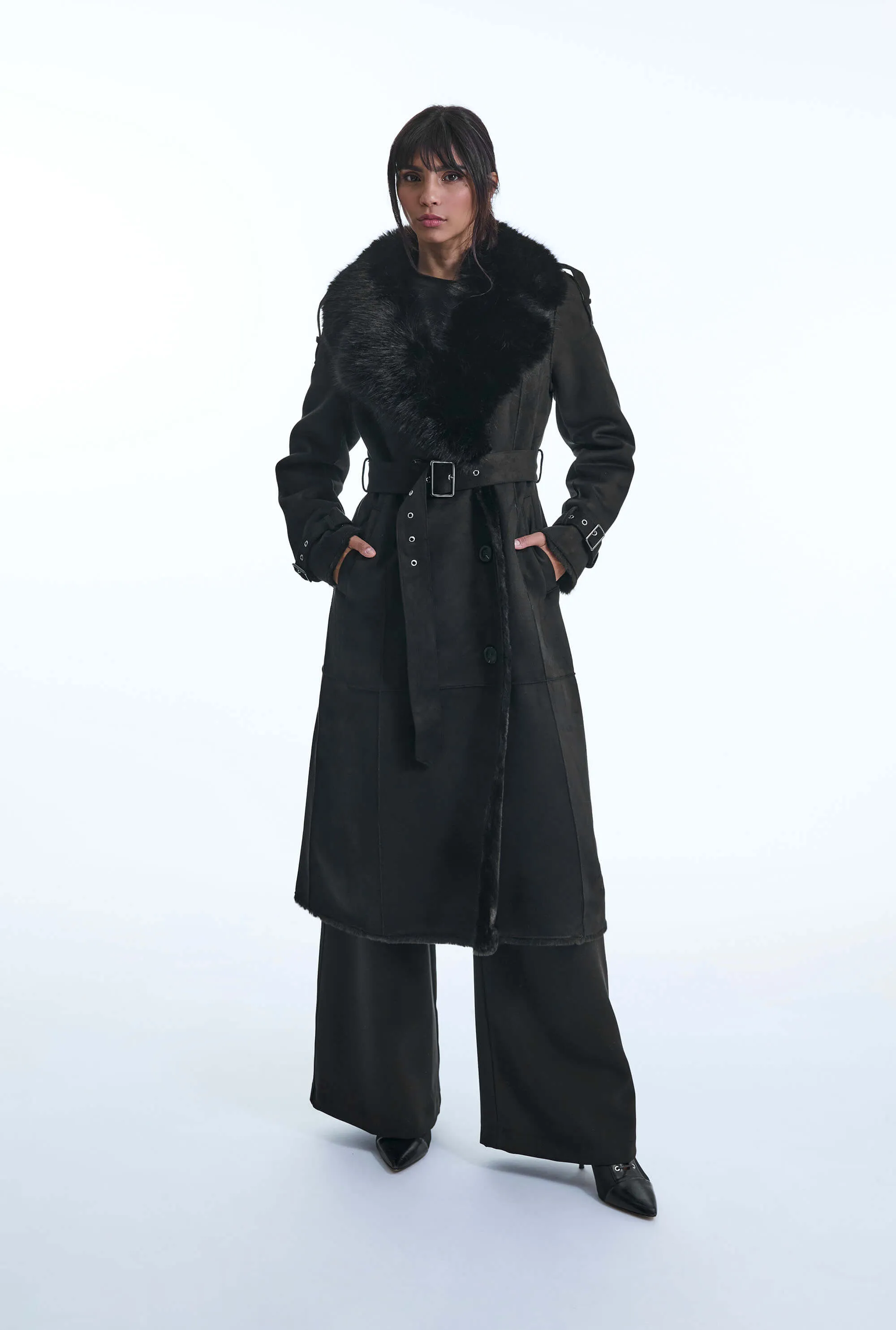 Faux Fur Suede Black Coat