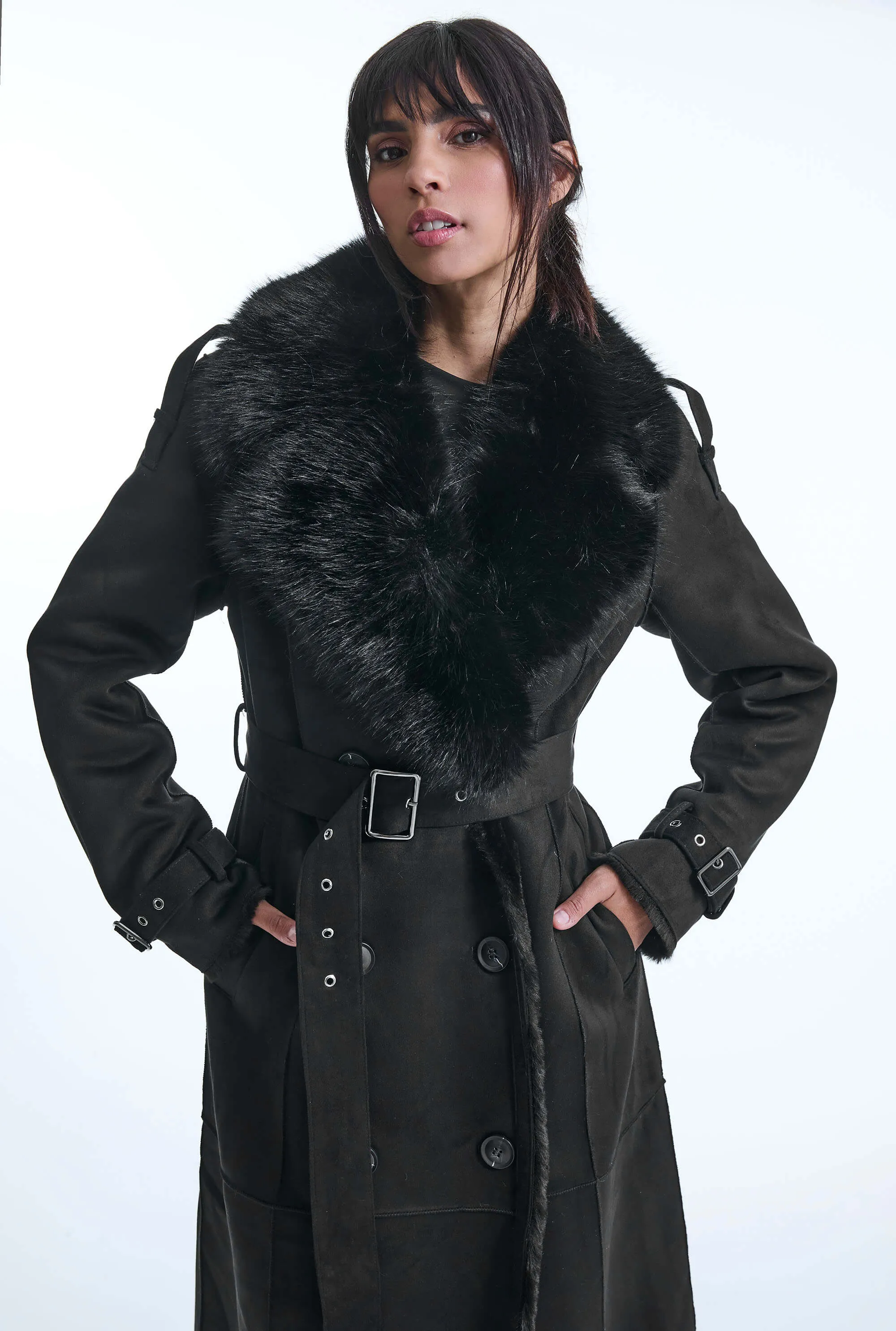 Faux Fur Suede Black Coat