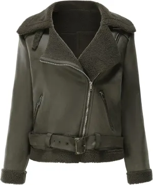 Faux Suede Leather Jacket for Women Warm Lambswool Fleece Zip Up Lapel Collar Jackets Fashion Pockets Moto Biker Coat