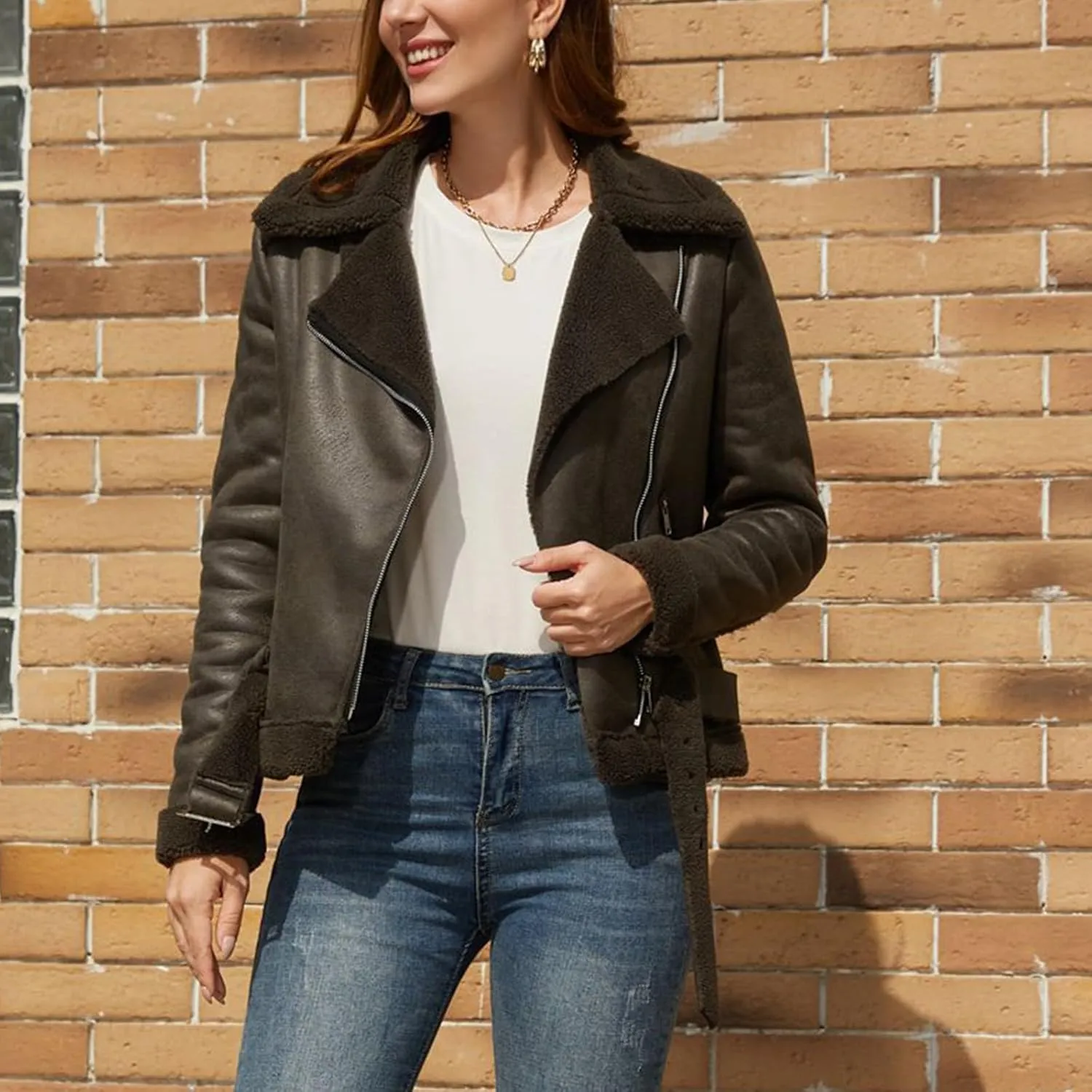 Faux Suede Leather Jacket for Women Warm Lambswool Fleece Zip Up Lapel Collar Jackets Fashion Pockets Moto Biker Coat