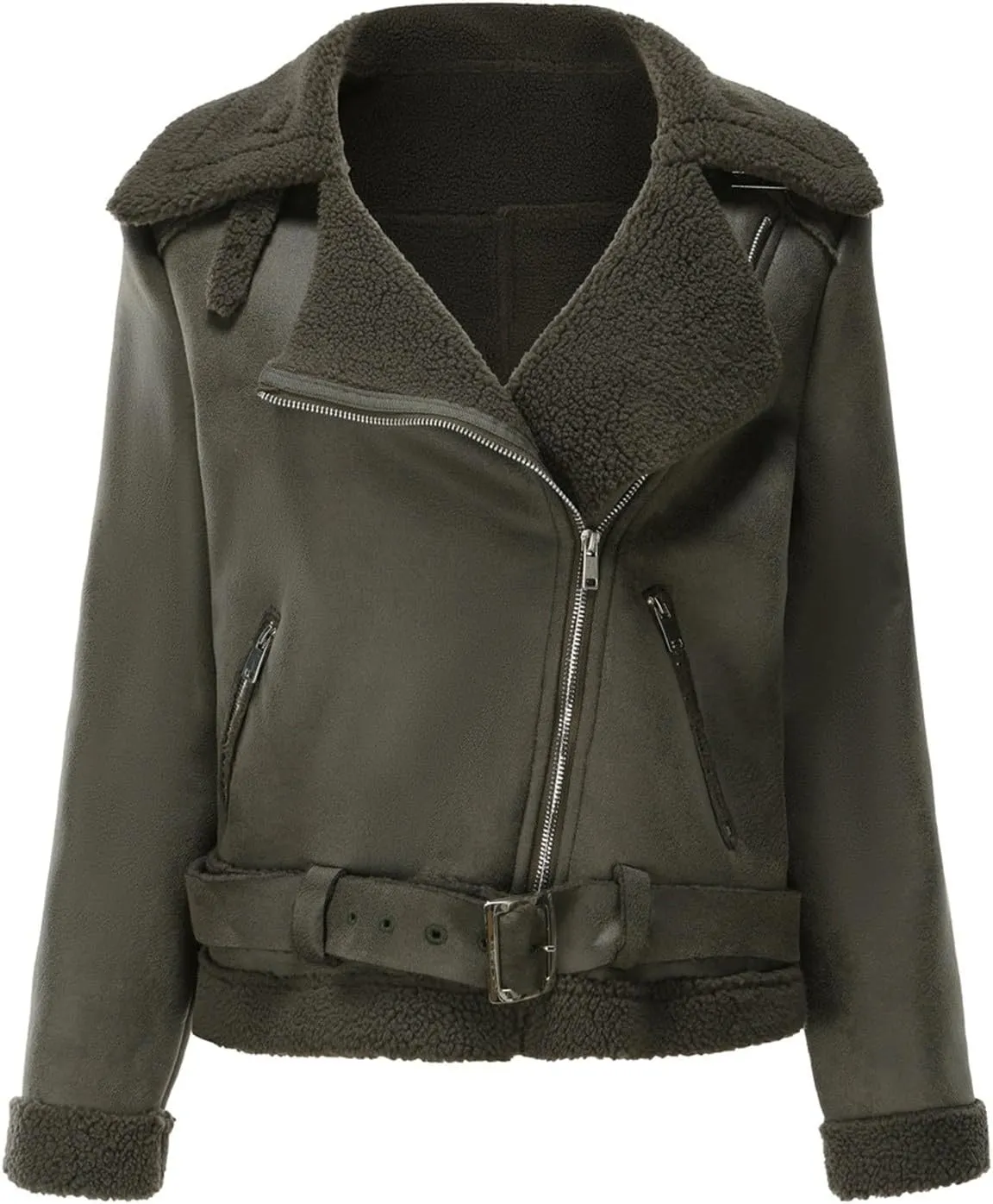 Faux Suede Leather Jacket for Women Warm Lambswool Fleece Zip Up Lapel Collar Jackets Fashion Pockets Moto Biker Coat