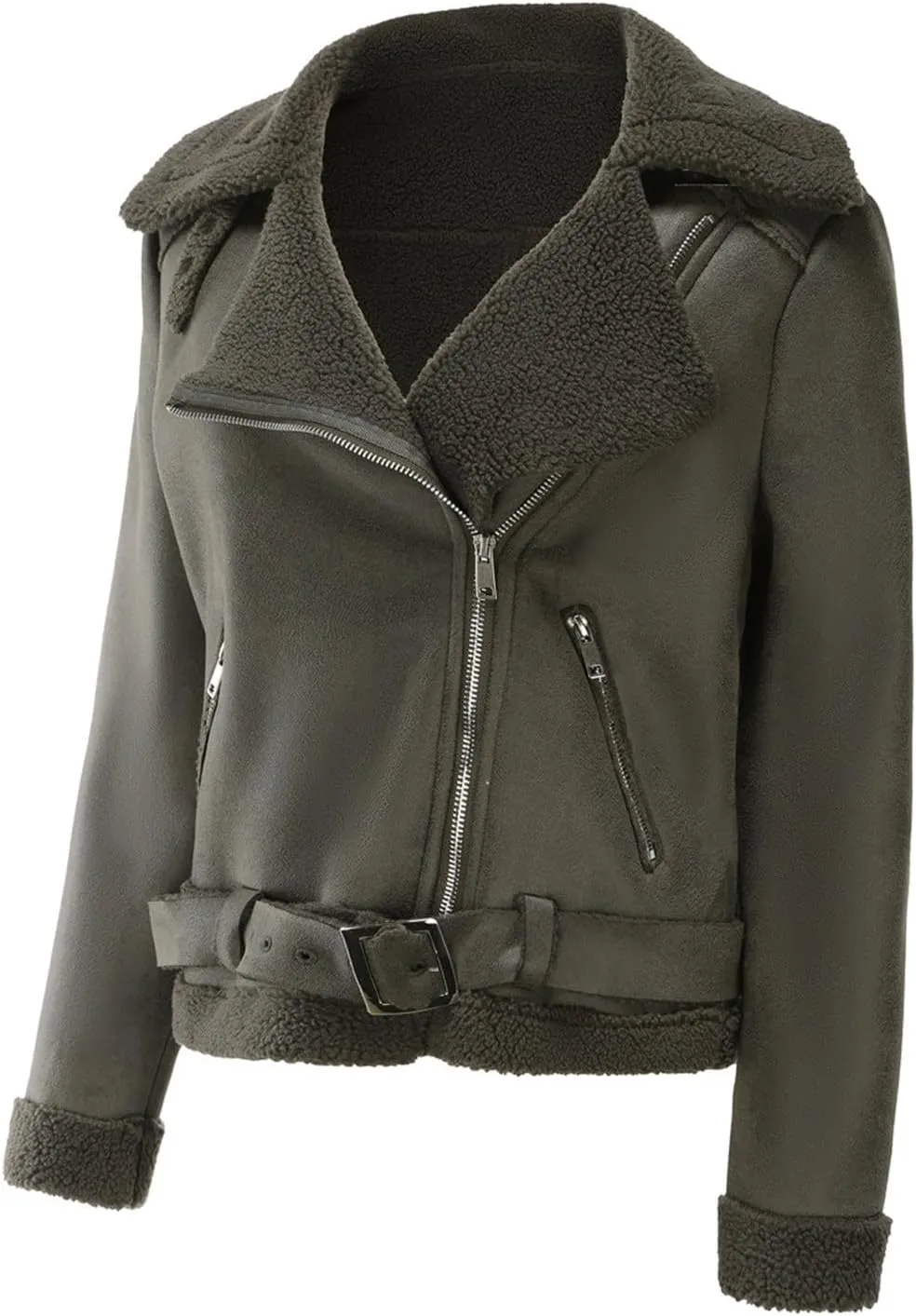 Faux Suede Leather Jacket for Women Warm Lambswool Fleece Zip Up Lapel Collar Jackets Fashion Pockets Moto Biker Coat